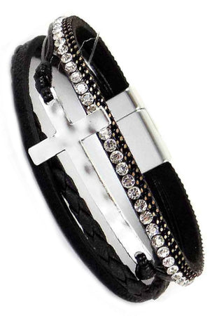 HAMMERED CROSS CASTING RHINESTONE PAVE MULTI STRAND FAX LEATHER MAGNETIC BRACELET