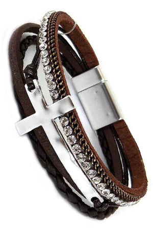 HAMMERED CROSS CASTING RHINESTONE PAVE MULTI STRAND FAX LEATHER MAGNETIC BRACELET