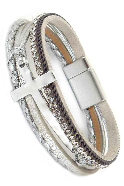 HAMMERED CROSS CASTING RHINESTONE PAVE MULTI STRAND FAX LEATHER MAGNETIC BRACELET