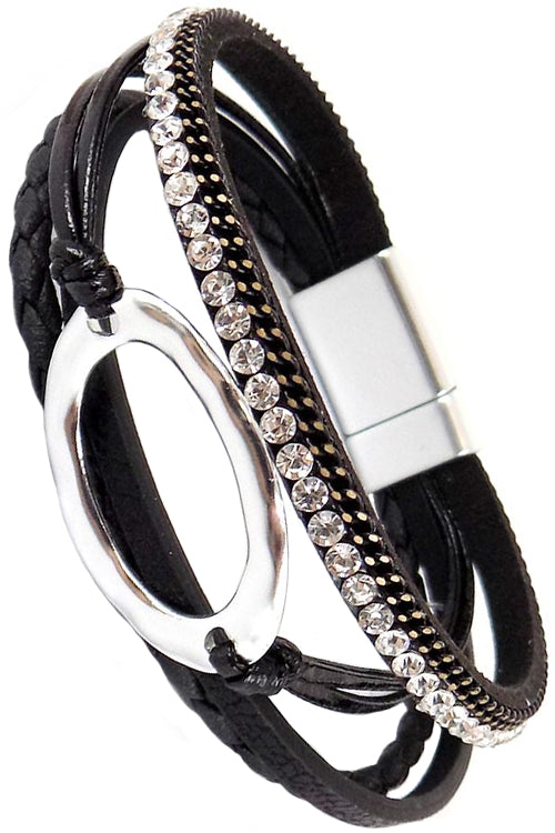 HAMMERED OPEN OVAL CASTING RHINESTONE PAVE MULTI STRAND FAX LEATHER MAGNETIC BRACELET