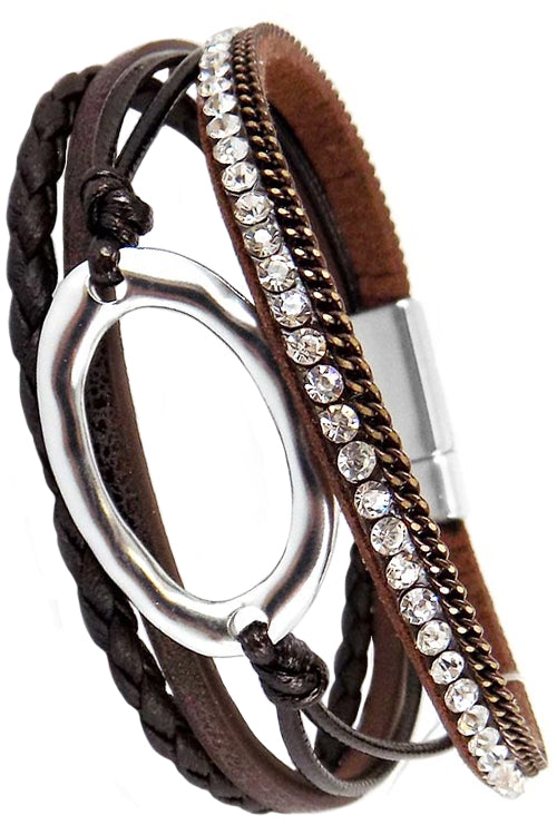 HAMMERED OPEN OVAL CASTING RHINESTONE PAVE MULTI STRAND FAX LEATHER MAGNETIC BRACELET