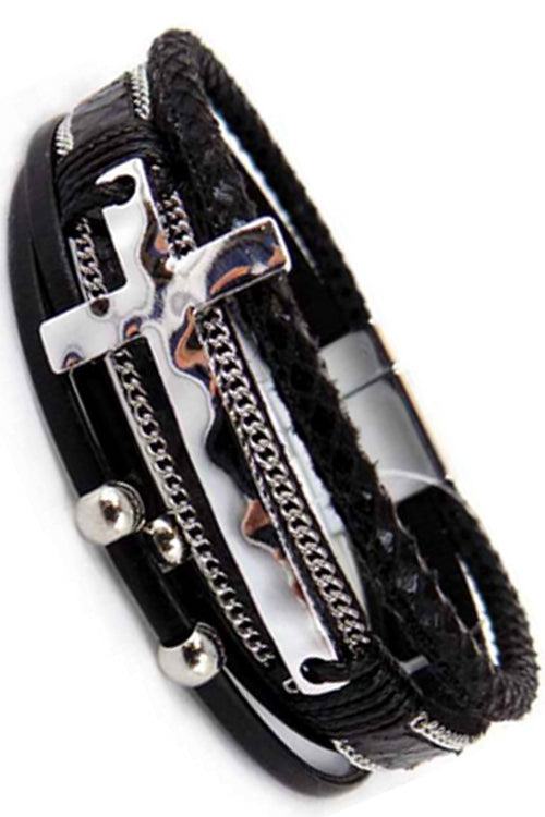 HAMMERED CROSS CASTING RHINESTONE PAVE MULTI STRAND FAX LEATHER MAGNETIC BRACELET
