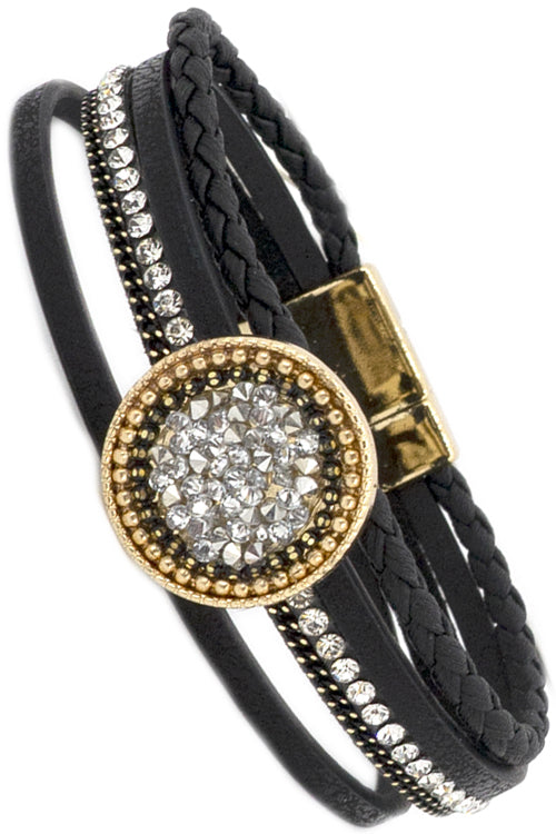 RHINESTONE PAVE ROUND CASTING MULTI STRAND FAX LEATHER MAGNETIC BRACELET