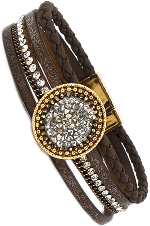 RHINESTONE PAVE ROUND CASTING MULTI STRAND FAX LEATHER MAGNETIC BRACELET