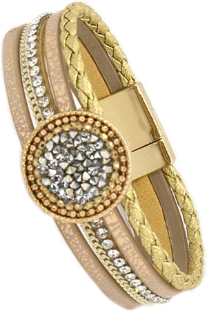 RHINESTONE PAVE ROUND CASTING MULTI STRAND FAX LEATHER MAGNETIC BRACELET