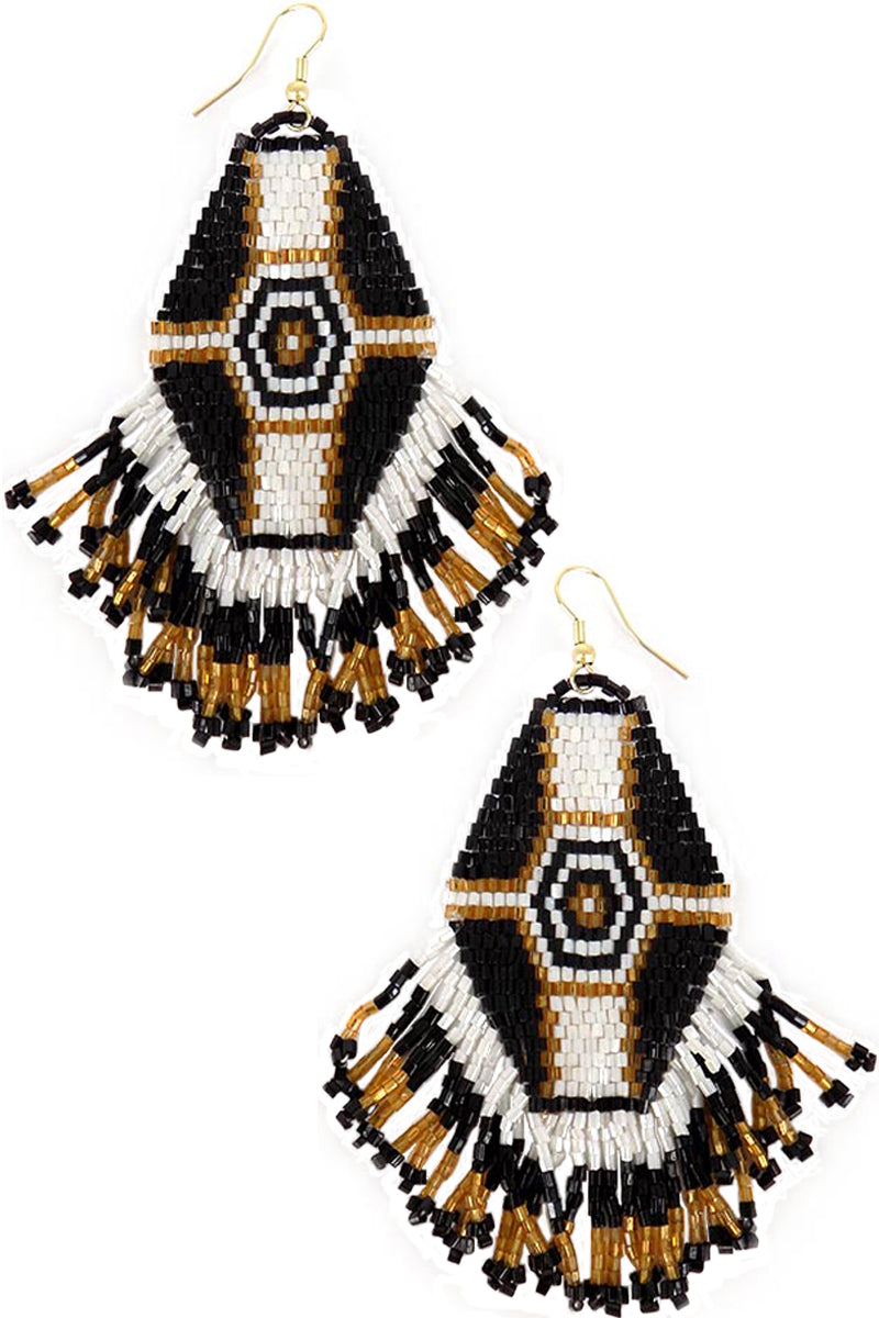 GEOMETRIC AZTEC PATTERNED SEED BEAD TASSEL FISH HOOK DANGLING EARRING