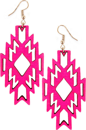 WESTERN NAVAJO GEOMETRIC AZTEC CROSS SHAPE CUT OUT WOOD FISH HOOK DANGLING EARRING