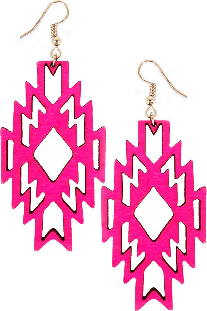 WESTERN NAVAJO GEOMETRIC AZTEC CROSS SHAPE CUT OUT WOOD FISH HOOK DANGLING EARRING