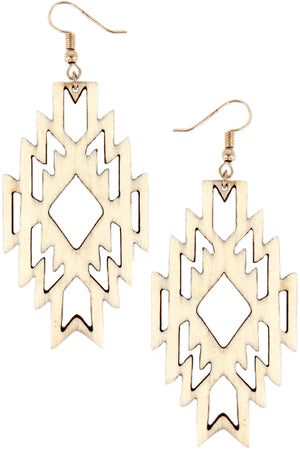 WESTERN NAVAJO GEOMETRIC AZTEC CROSS SHAPE CUT OUT WOOD FISH HOOK DANGLING EARRING