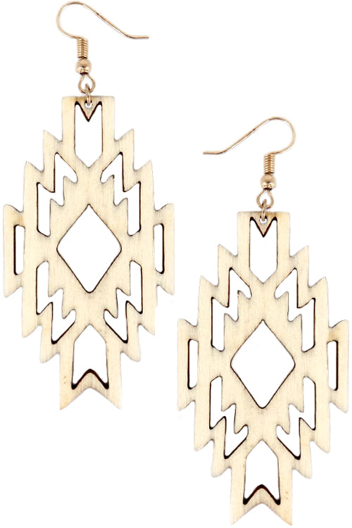 WESTERN NAVAJO GEOMETRIC AZTEC CROSS SHAPE CUT OUT WOOD FISH HOOK DANGLING EARRING