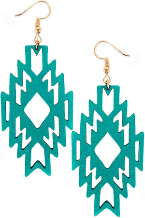 WESTERN NAVAJO GEOMETRIC AZTEC CROSS SHAPE CUT OUT WOOD FISH HOOK DANGLING EARRING