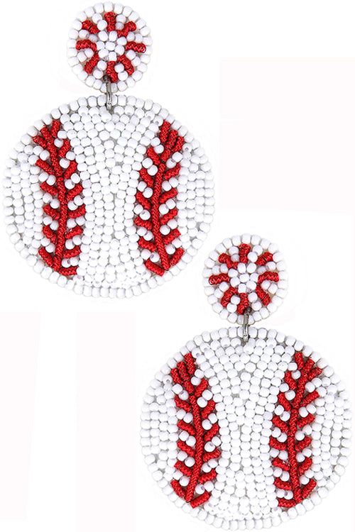 SPORT THEME ROUND BASEBALL PATTERN SEED BEADS POST DANGLING EARRING