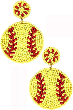 SPORT THEME ROUND SOFTBALL PATTERN SEED BEADS POST DANGLING EARRING