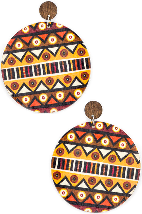 AZTEC GEOMETRIC DESIGN PRINT ROUND SHAPE WOOD POST DANGLING EARRING