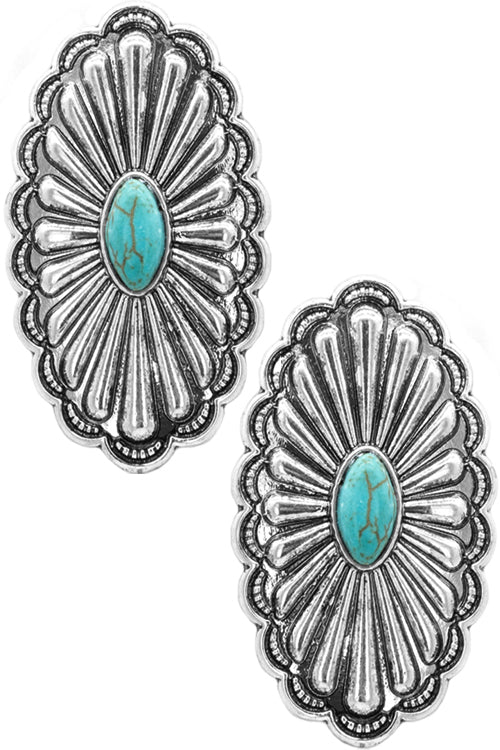 WESTERN STYLE TURQUOISE GEMSTONE CONCHO FLOWER CASTING STUD EARRING