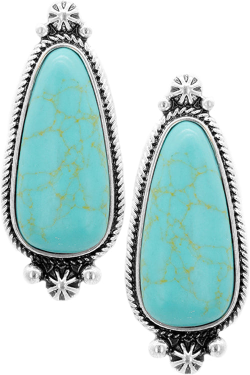 WESTERN CONCHO STYLE CABLE TEXTURE TEARDROP TURQUOISE GEMSTONE SHAPE CASTING STUD EARRING