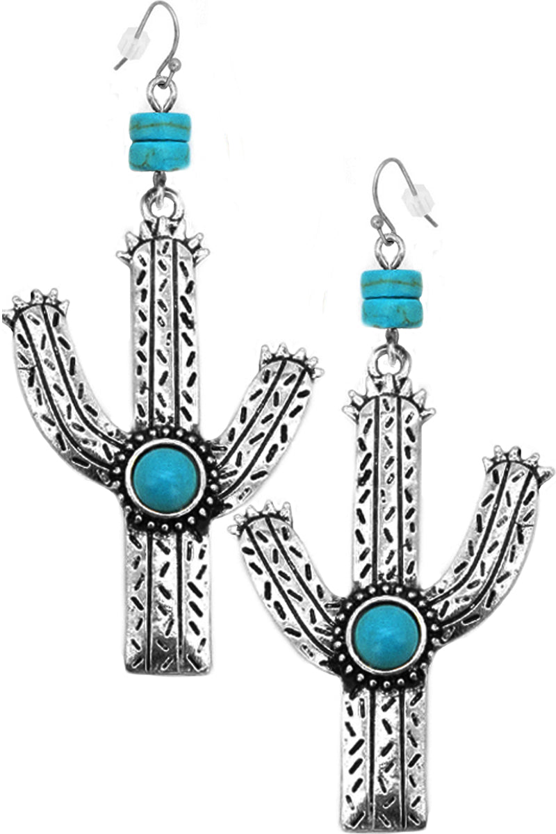 WESTERN STYLE AZTEC TEXTURED TURQUOISE GEMSTONE CACTUS FISH HOOK DANGLING EARRING