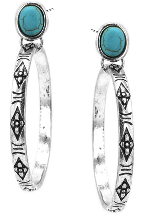 WESTERN CONCHO STYLE AZTEC TEXTURE CASTING TURQUOISE GEMSTONE HOOP CHARM POST DANGLING EARRING