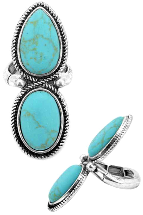 CABLE TEXTURE TURQUOISE GEMSTONE OVAL TEARDROP SHAPE STRETCH RING