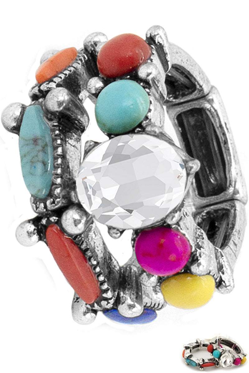 WESTERN CONCHO STYLE TEXTURED MULTI SHAPE GEMSTONE RHINESTONE STRETCH BAND RINGS SET