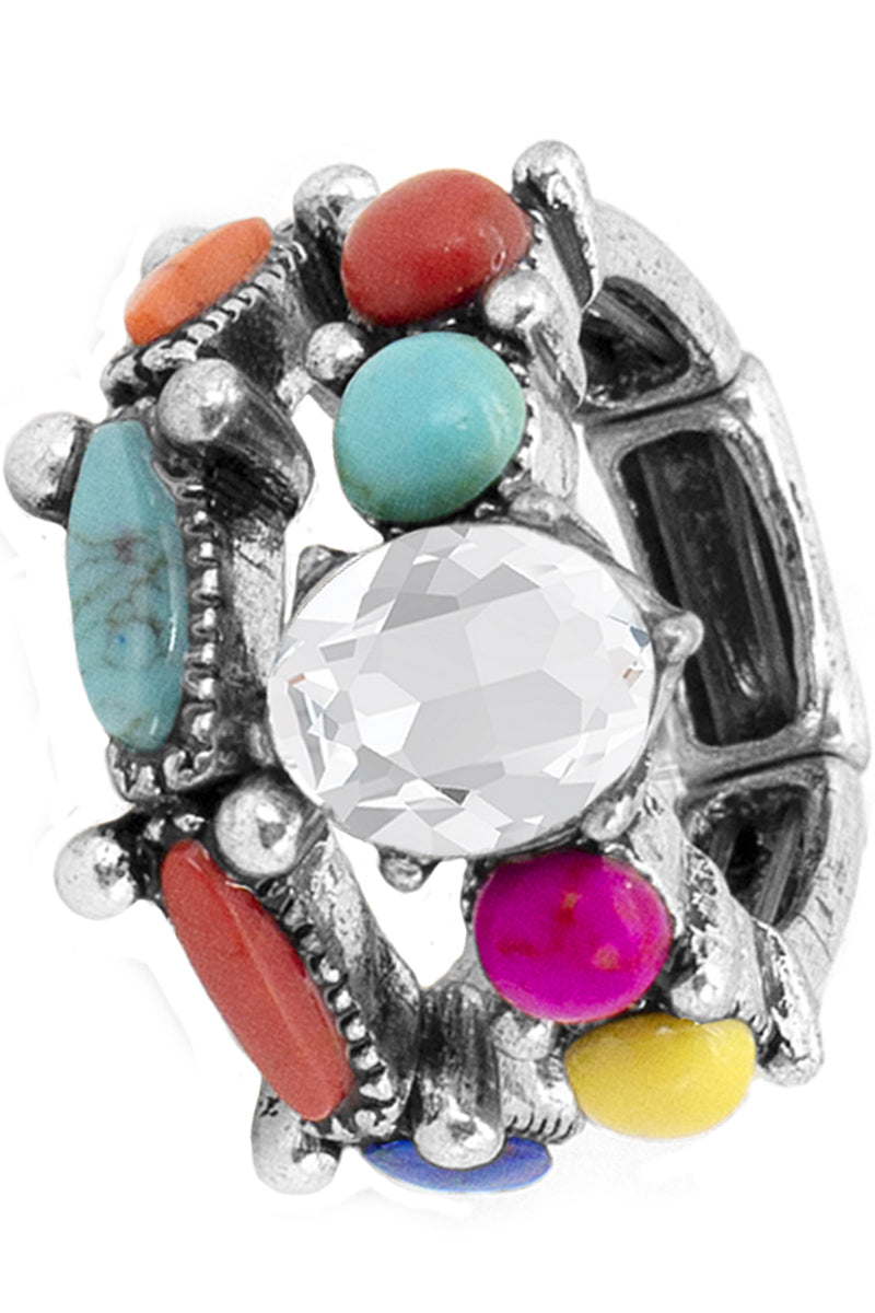 WESTERN CONCHO STYLE TEXTURED MULTI SHAPE GEMSTONE RHINESTONE STRETCH BAND RINGS SET