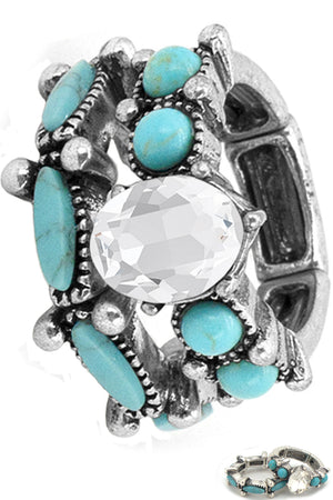 WESTERN CONCHO STYLE TEXTURED MULTI SHAPE GEMSTONE RHINESTONE STRETCH BAND RINGS SET