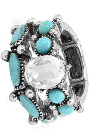 WESTERN CONCHO STYLE TEXTURED MULTI SHAPE GEMSTONE RHINESTONE STRETCH BAND RINGS SET