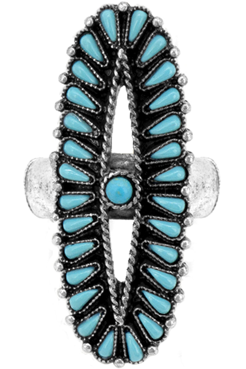 WESTERN STYLE CABLE TEXTURED TURQUOISE GEMSTONE CONCHO FLOWER STRETCH RING