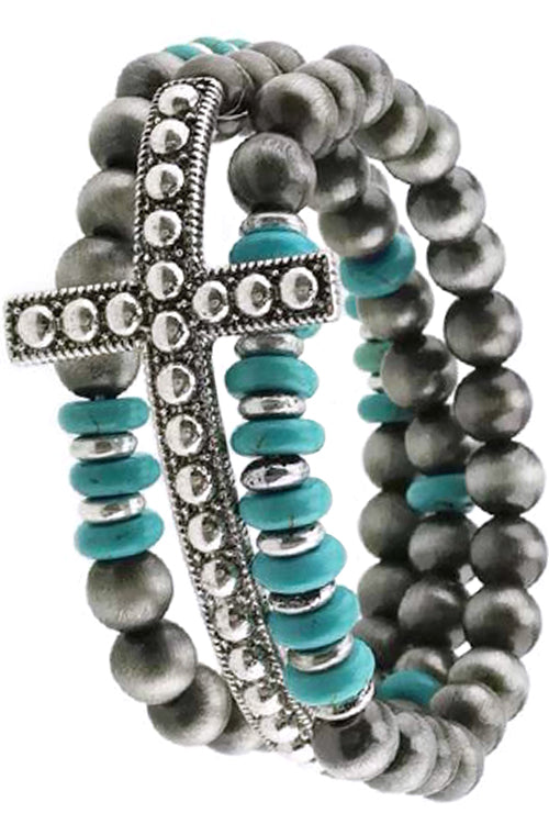 WESTERN STYLE CABLE DOT TEXTURED CROSS CASTING NAVAJO PEARL TURQUOISE GEMSTONE STACKABLE STRETCH BRACELET
