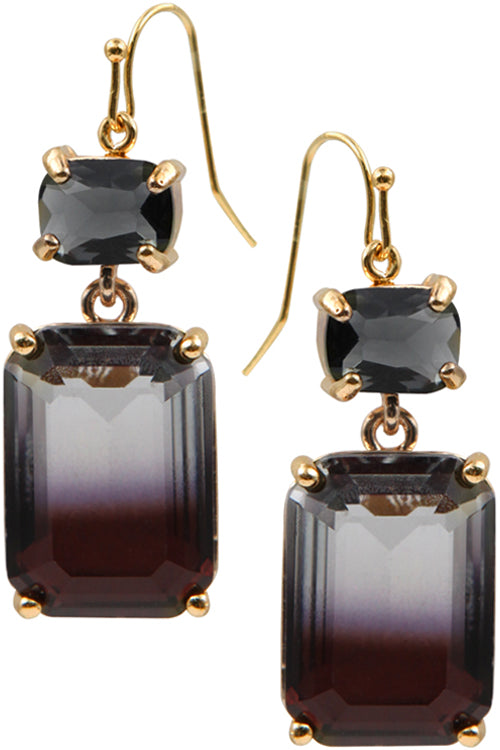 DOUBLE LAYERED PRONG SETTING BAGUETTE OMBRE GLASS CRYSTAL FISH HOOK DANGLING EARRING