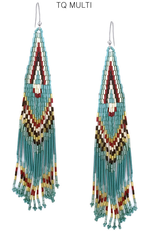 WESTERN STYLE GEOMETRIC AZTEC CHEVRON PATTERN SEED BEADS FRINGE TASSEL FISH HOOK DANGLING EARRING