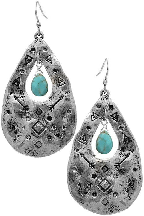 WESTERN NAVAJO AZTEC ARROW HAMMERED TEXTURE TEARDROP SHAPE CASTING  TURQUOISE GEM STONE CHARM FISH HOOK DANGLING EARRING