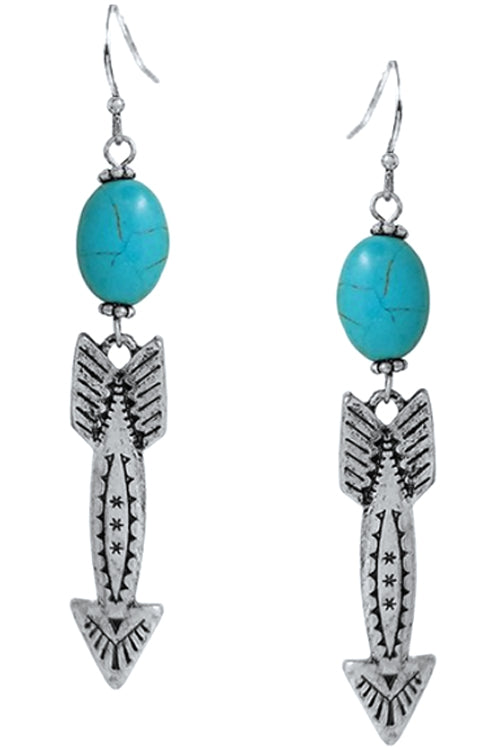 WESTERN STYLE AZTEC TEXTURED TURQUOISE ARROW CASTING FISH HOOK DANGLING EARRING