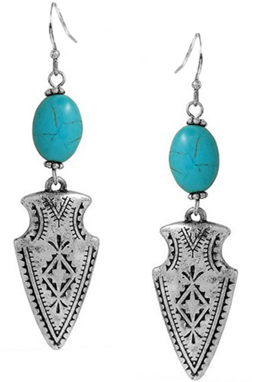 WESTERN STYLE AZTEC TEXTURED TURQUOISE ARROW CASTING FISH HOOK DANGLING EARRING