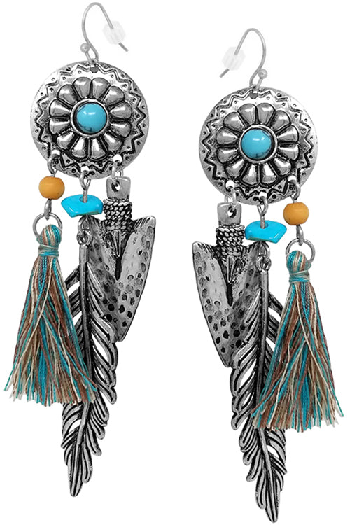 WESTERN CONCHO STYLE AZTEC TEXTURED FLOWER CASTING WITH GEMSTONE FEATHER ARROW THREAD TASSEL CHARM FISH HOOK DANGLING EARRING