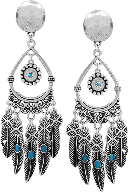 WESTERN CONCHO STYLE AZTEC SWIRL TEXTURED TEARDROP CASTING TURQUOISE FEATHER CHARM POST DANGLING EARRING