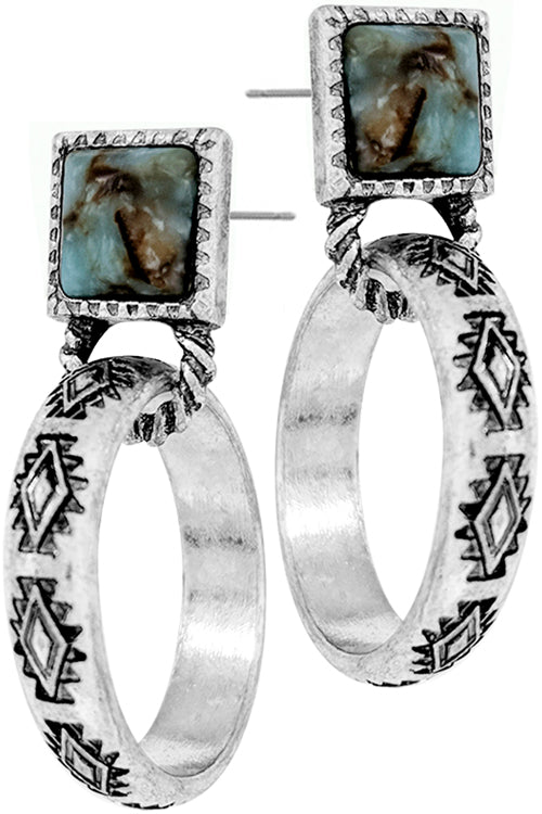  SQUARE GEMSTONE WITH WESTERN CONCHO STYLE AZTEC TEXTURED SMALL HOOP POST DANGLING EARRING