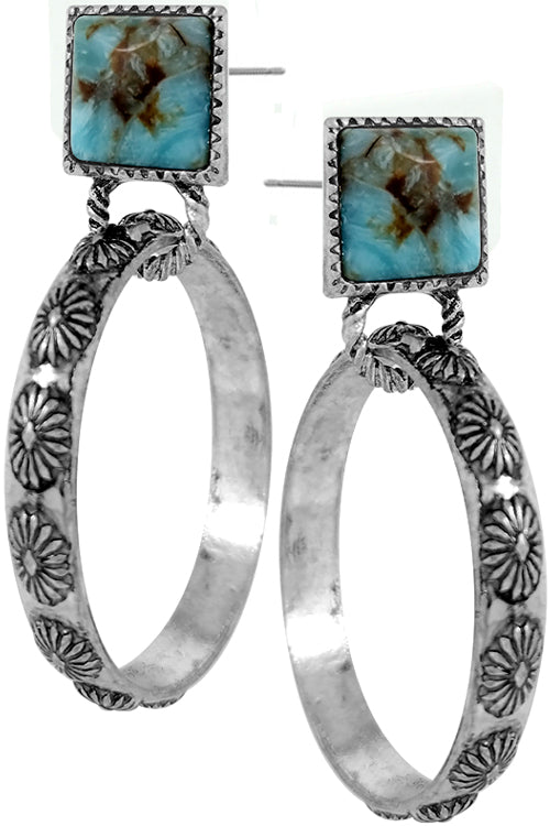 SQUARE GEMSTONE WITH WESTERN CONCHO STYLE AZTEC FLOWER TEXTURED BIG HOOP POST DANGLING EARRING