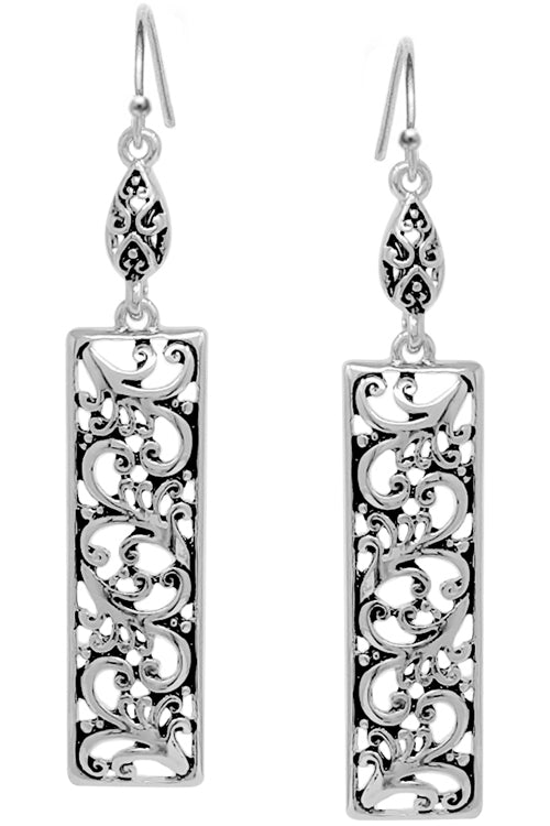 PAISLEY TEXTURE RECTANGULAR BAR SHAPE FILIGREE CASTING FISH HOOK DANGLING EARRING