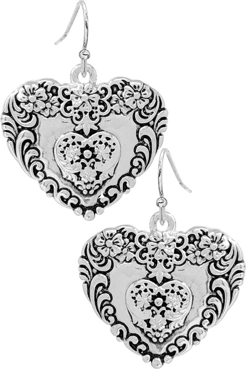 PAISLEY FLOWER TEXTURED HEART FISH HOOK DANGLING EARRING