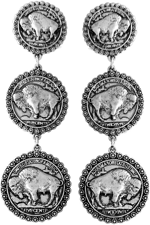 WESTERN CONCHO STYLE TEXTURED BUFFALO COIN CASTING DROP POST DANGLING EARRING