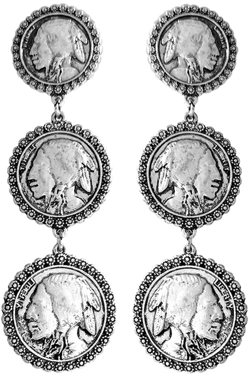 WESTERN CONCHO STYLE TEXTURED INDIAN COIN CASTING DROP POST DANGLING EARRING