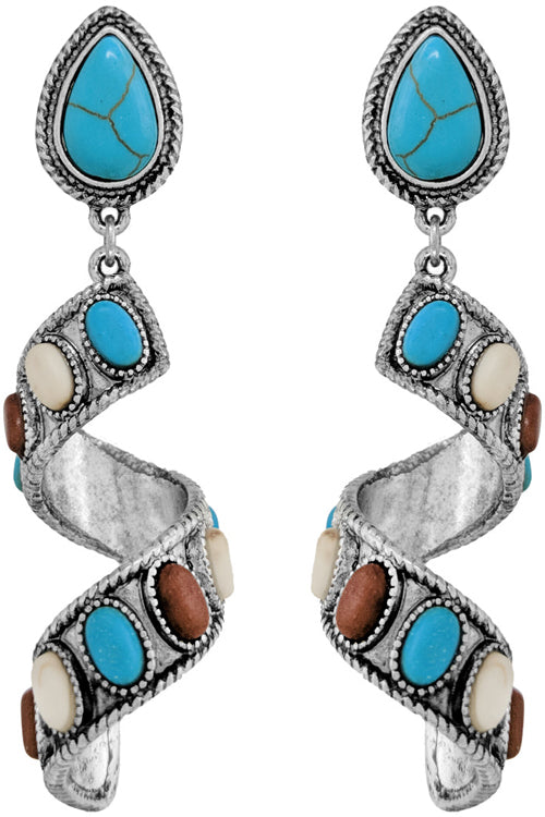 WESTERN STYLE TEXTURED SPIRAL CASTING WITH GEMSTONE POST DANGLING EARRING