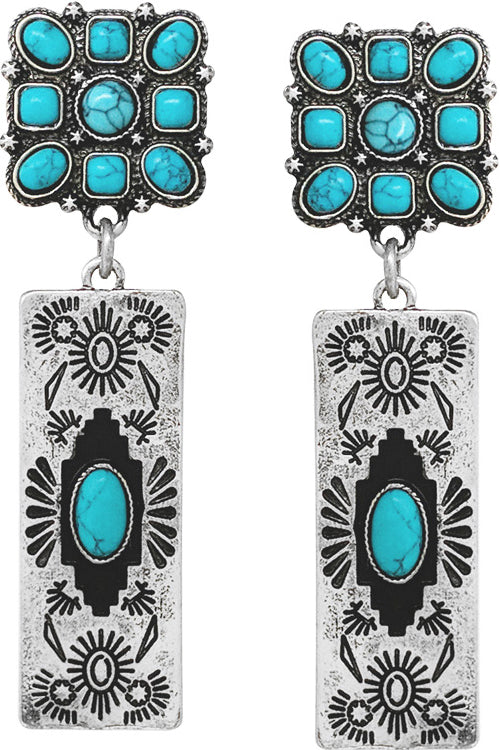 WESTERN CONCHO STYLE AZTEC TEXTURED TURQUOISE GEMSTONE RECTANGULAR BAR CASTING POST DANGLING EARRING