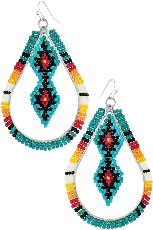 AZTEC PATTERN TEARDROP SHAPE SEED BEAD EARRING