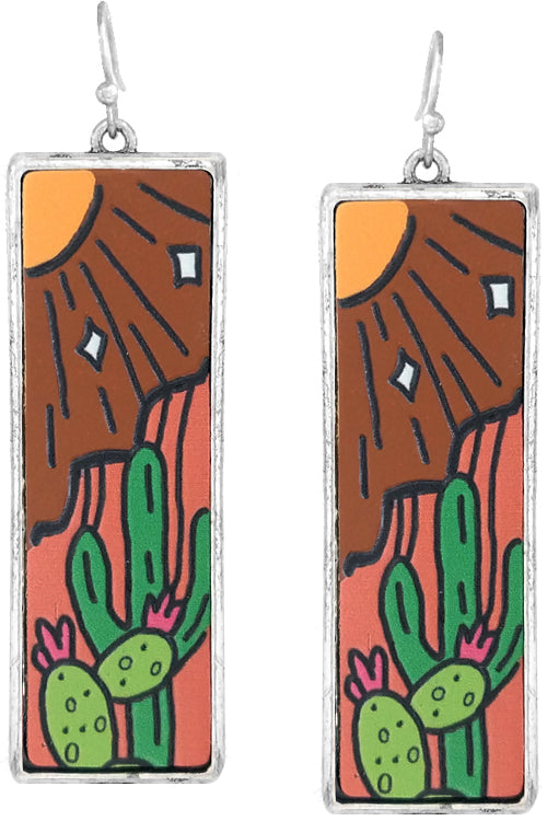 WESTERN STYLE CACTUS PRINTED RECTANGULAR BAR SHAPE LEATHER FISH HOOK DANGLING EARRING