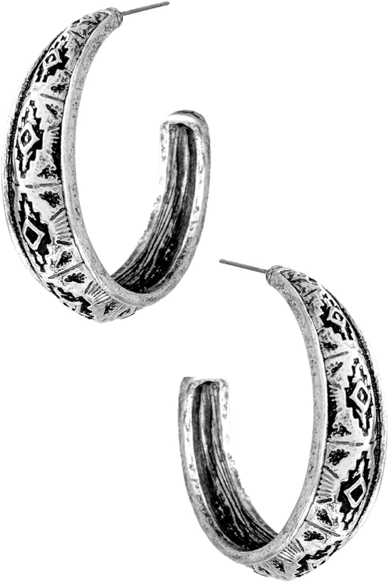 WESTERN STYLE AZTEC PATTERN TEXTURED CASTING HOOP EARRING