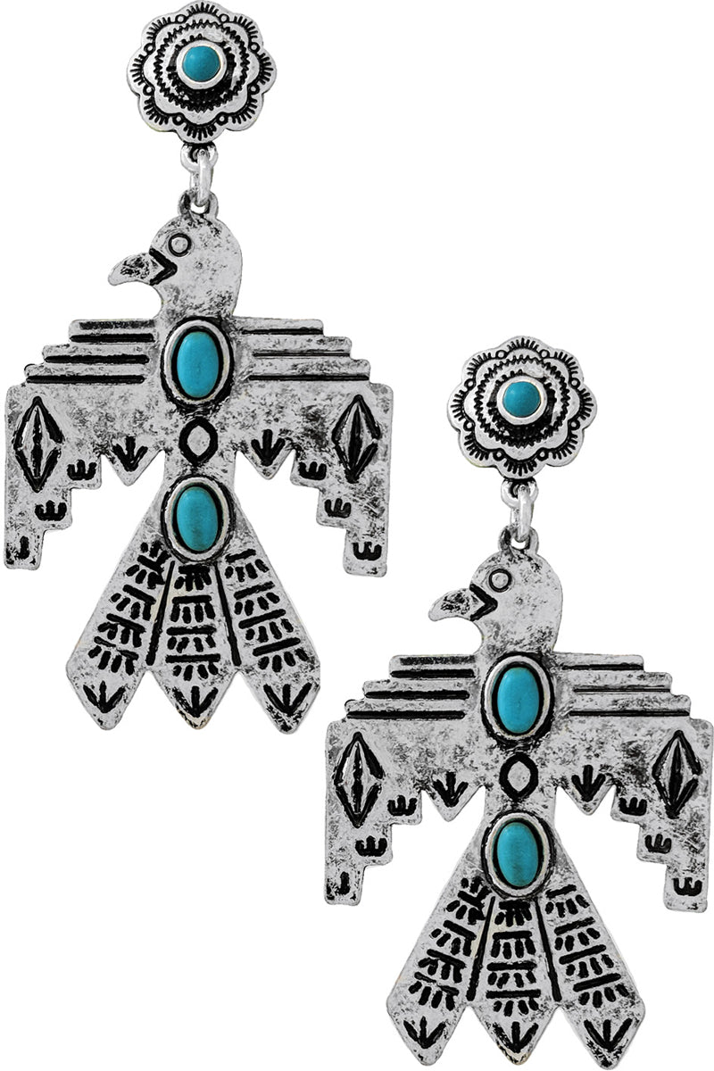 WESTERN STYLE GEMSTONE FLOWER AZTEC PATTERN THUNDERBIRD POST DANGLING EARRING