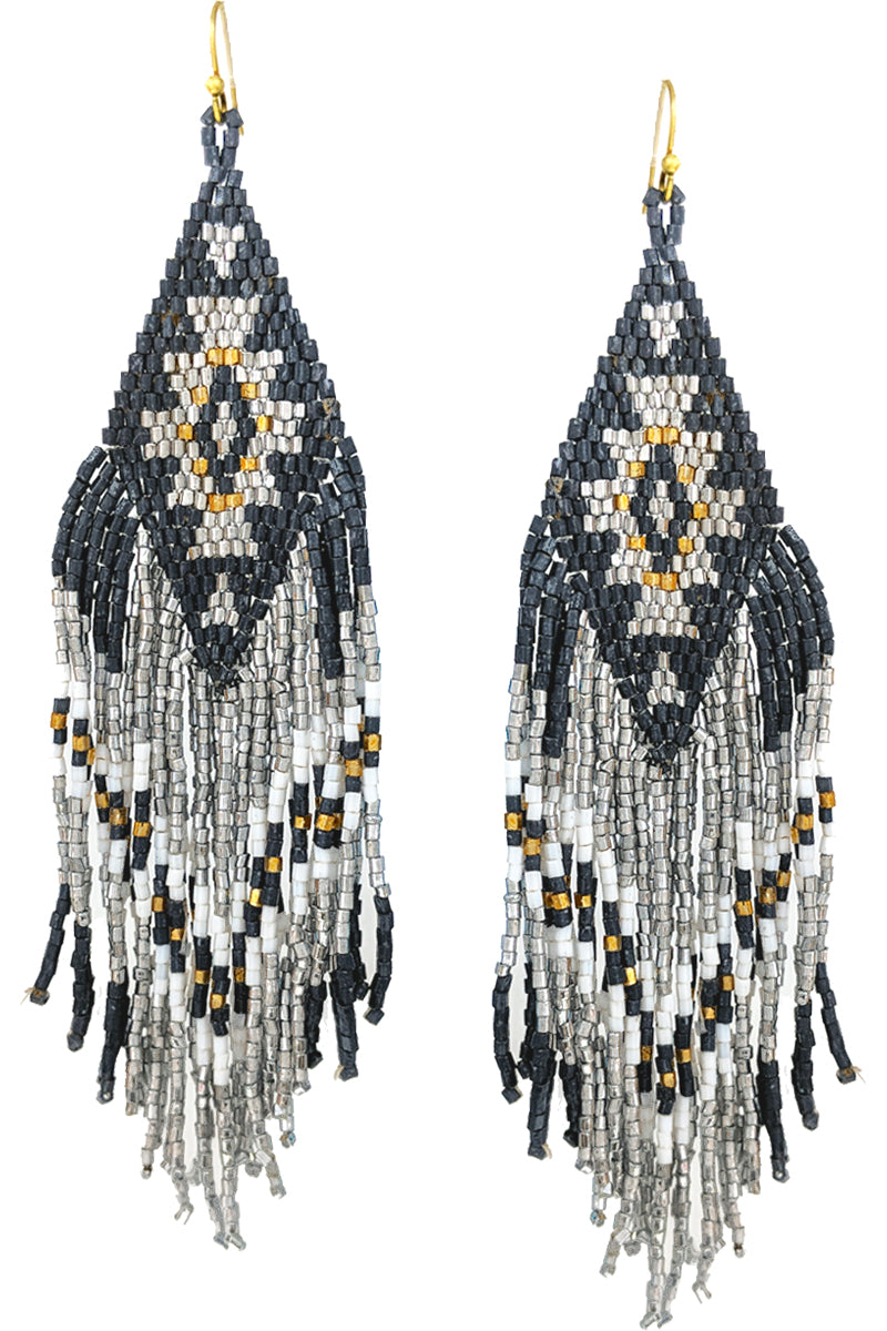 WESTERN NAVAJO CONCHO STYLE CHEVRON AZTEC PATTERN SEED BEADS TASSEL FISH HOOK DANGLING EARRING