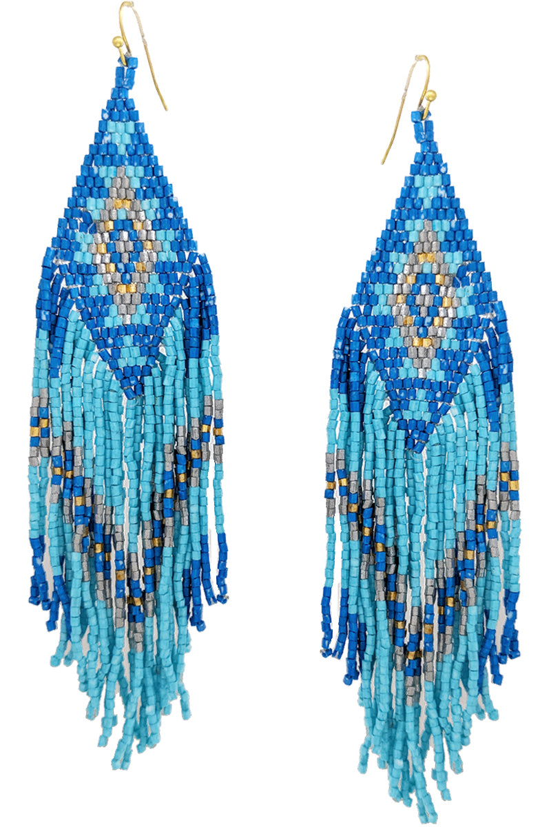 WESTERN NAVAJO CONCHO STYLE CHEVRON AZTEC PATTERN SEED BEADS TASSEL FISH HOOK DANGLING EARRING